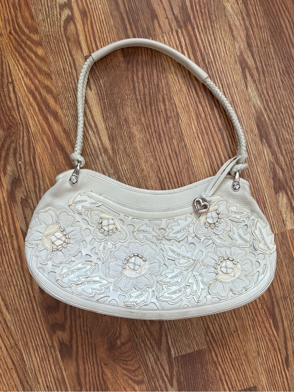 Brighton Cream Floral Embossed Shoulder Bag with Heart Charm